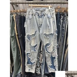 Pantalones de talla grande para hombre Fotos reales Jeans muertos Pantalones de moda azul Hip-Hop Street Hole Denim Drop Entrega Ropa Otk8L