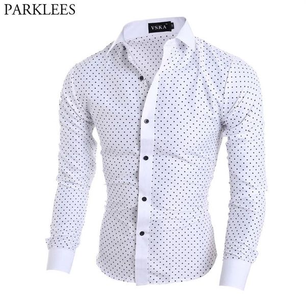 Hommes à pois imprimé chemises habillées blanches coupe ajustée à manches longues Chemise Homme affaires décontracté Chemise boutonnée Homme Camisa Social314v