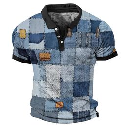 Polo para hombre Camisa vaquera 3d con estampado a cuadros de manga corta Tops retro Ropa Camiseta informal de gran tamaño Verano 240328