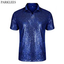 Mens Polo Shirt Pailletten Korte Mouw Nachtclub Party T-shirts Tops Turndown Sparkle 70s Disco Shirt Party Costume Royal Blue 2XL 210522
