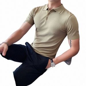 Polos pour hommes Vêtements de luxe coréens Été à manches courtes en soie glacée Polo en tricot pour hommes col rabattu Slim Fit TopsTees T5Ch #