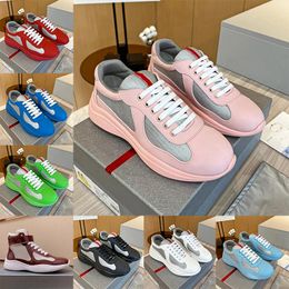 Heren Pradea Casual Schoenen Americas Cup Designer Luxe Mode Lakleer Lage Top Zachte Rubberen Stof Trainers Roze Zwart Wit Rood Amerika Mannen Sport Sneakers