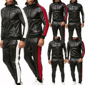 Conjunto de sudaderas con capucha de cuero Pu para hombre, traje informal, chaqueta con capucha y pantalones, traje para correr, chándales 240202