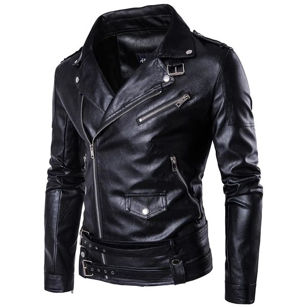 Veste en cuir Pu pour hommes avec col à revers zippé vestes de moto décontractées manteaux Vintage épais vêtements d'extérieur chauds Punk Rock Win 240228