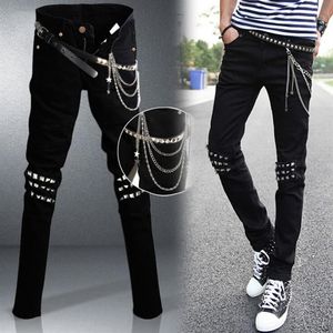 Hommes Punk Rock Noir Jeans Tour Hip Rivet Slim Fit Biker Denim Pantalon Garçons DJ Chanteur Scène Ripped Skinny Jeans Avec Ceintures Chains289q