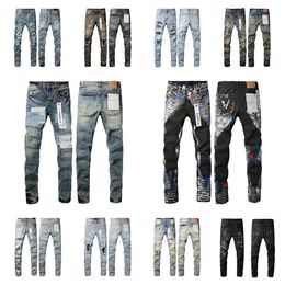 heren paarse jeans designer zwart paars merkjeans jongen High Street Hole Star Patch Heren dames amirs ster borduurpaneel broek stretch slim fit broek broek