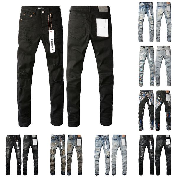 Hombres de los jeans Purple Fashion Bikers desgastados Racing Cargo de mezclilla para hombres Pantalones negros