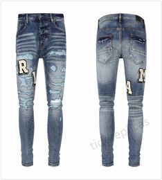 Diseñador de jeans morados para hombre para hombre Pantalón de senderismo Rasgado High Street Fashion Marca Pantalones Vaqueros Para Hombre Bordado de motocicleta Ajuste ajustado