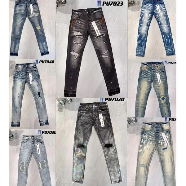 Mens Purple Jeans Designer PL8821587 Biker Risped Slim Skinny Pants True Stack Fashion Fashion Brand Vintage Pant