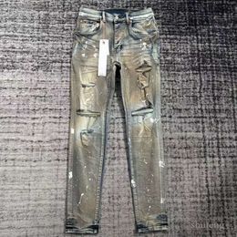Heren paarse jeans ontwerper gestapelde lange broek Ksubi gescheurd High Street merk patch gat denim rechte mode streetwear Silm 264