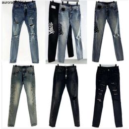 Heren Purple Jeans -ontwerpers Jean Hombre -broek Men Borduurwerk Patchwork gescheurd Brand Motorfiets Pant Skinny gescheurd voor Trend Vintage Pant
