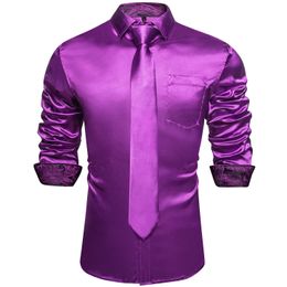 Hommes violet satin luxe robe chemises soie lisse solide fête de mariage social smoking bal chemise à manches longues haut décontracté hommes tissu 240219
