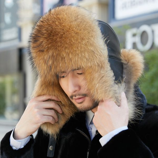 Chapeau en fourrure de renard véritable pour homme et cuir véritable russe Ushanka Warm Aviator Trapper Bomber Hat Ski Earmuffs Cap