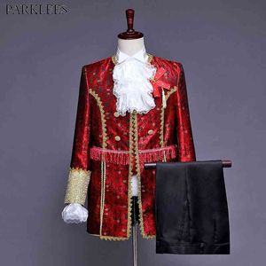 Hommes Rouge Aristocrate Costumes classiques 5pcs Victorien Gothic Vintage Costume Set Costume Prince Men pour Halloween Party XL 210522