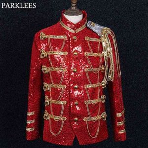 Mens Red Sequin Agrémenté Batteur Militaire Veste Punk Gothique Steampunk Veste Hommes Parti Chanteur Spectacle De Bal Costume Homme 210522