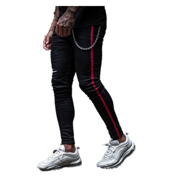 Mens Red Stripe Skinny Denim Jeans Masculino Hip Hop Streetwear Pantalones de color sólido Adolescentes Tallas grandes Slim Fit Jeans delgados Hombres Negro X0621