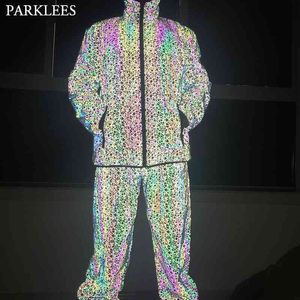 Heren reflecterende jas kleurrijke lijn mannen sport jas mode lichtgevende mannen hoodie jassen glanzende cool hiphop mannen casual pak set 210524