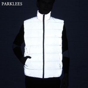 Mens Reflecterende Winter Vesten Vest Merk Katoen Gewatteerde mouwloze mantel Mens Vissen Running Uitloper Vesten Male 210522