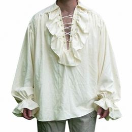 Heren Renaissance kostuum gegolfde Lg mouw Lace Up middeleeuwse Steampunk piraat shirt cosplay prins drama toneelkostuum tops I42H #
