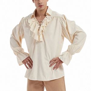 Mens Renaissance Costume Ruffled LG Sleeve Lace Up Up Medieval Steampunk Pirate Shirt Cosplay Prince Drama Stage Costume Tops A7TQ #