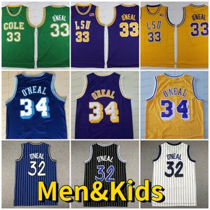 Enfants 32 Shaquille ONeal Mens Retro Basketball Jersey College LSU Tigers Maillots Jaune Violet Université Cousu Hommes Chemises Classique # 32 # 33 # 34