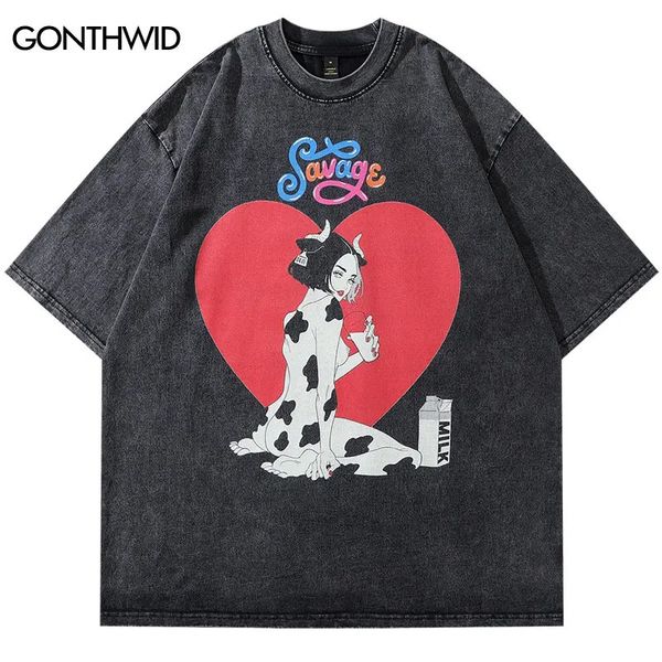Mens rétro Hip Hop T-shirts coeur vache drôle Girl Imprime T-shirt Casual Summer Y2k Tees Unisex High Street Harajuku Streetwear 240402