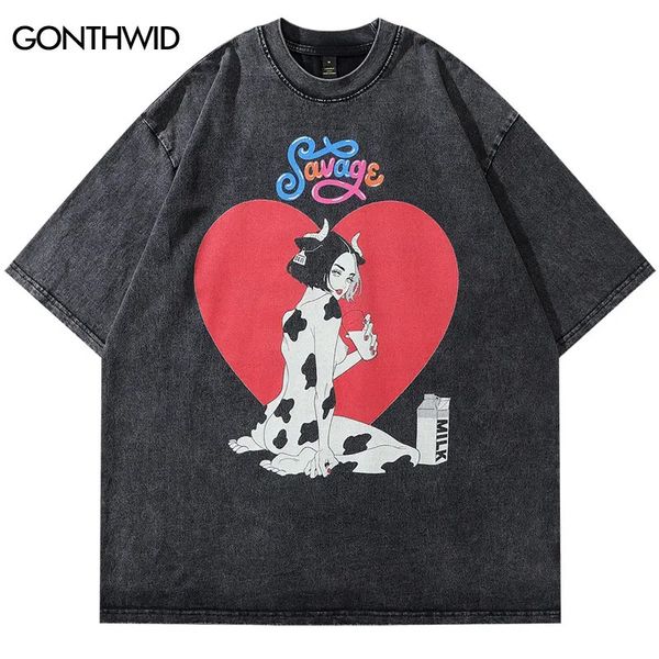 T-shirts Hip Hop Retro Hip Hop Coeur Vews drôles Girl Imprime T-shirt Casual Summer Y2K Tees Unisexe High Street Harajuku Streetwear 240409