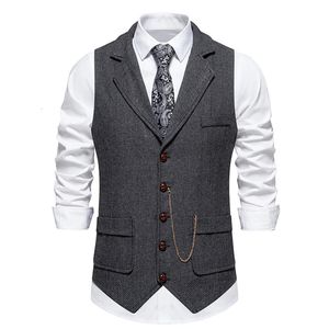 Heren Retro Revers Ketting Vest Mode Visgraat Grove Tweed Zakken Pak Britse Casual Vintage Gentleman Leisure Party 240312