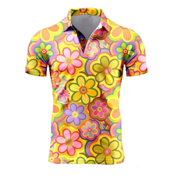 Polo à manches courtes rétro pour hommes 3D T-shirts de fleur imprimé complet pour hommes To-shirt surdimensionné décontracté d'été blusa masculina 240416