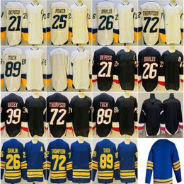 Mens Reverse Retro 26 Rasmus Dahlin Hockey Jerseys Nuevo Negro 21 Kyle Okposo 72 Tage Thompson 89 Alex Tuch 39 Dominik Hasek 25 Owen Power Camisas cosidas Azul