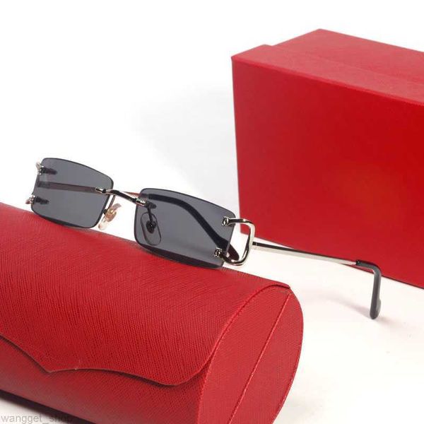 Gafas de sol sin montura para hombre, diseñador de mujer, marcos de plata rectangulares para hombre, gafas de metal sin marco UV400, gafas vintage, carrito amarillo, gafas de sol de cristal