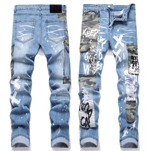 Heren gescheurde jeans Denim lange broek Skinny fit Slim Heren stretch Biker Jean Designer Gewassen Zakken Patchwork Broek Geschilderd maat 29-38 Blauw