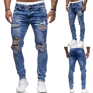 Heren gescheurde jeans voor mannen casual zwart blauw skinny slim fit denim broek biker hip hop jeans met sexy holel denim broek NIEUW #G1267N