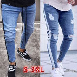 Jeans déchirés pour hommes, fermeture éclair, rayé, Biker, pantalon crayon en Denim, coupe masculine, pantalon Long, Slim, en détresse, Streetwear, P233F