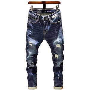 Pantalones vaqueros rasgados para hombre Slim Fit Azul oscuro Primavera Otoño Destruido Rasgado Elegante Moto Biker Jeans Pantalones de mezclilla Hombres Hip Hop Streetwear d4CH #