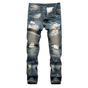 Hommes Jeans Hommes Déchiré Printemps Automne Slim Fit Strech Denim Pantalon Hommes Plissé Moto Biker Hip Hop Pantalon Homme 42 40