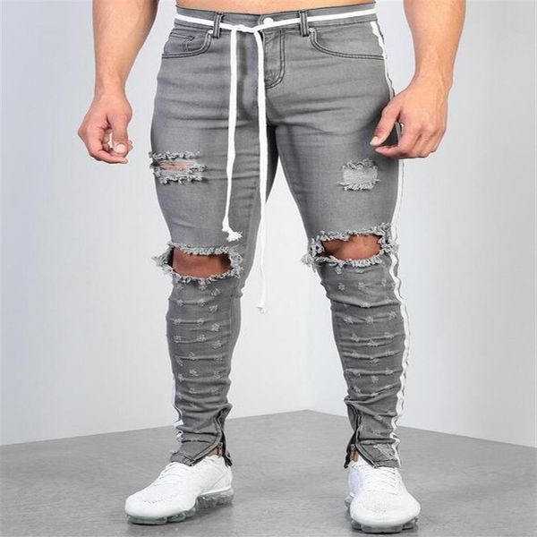 Hommes déchiré ruban gris jean skinny créateur de mode Hi-Street en détresse Denim Joggers trous de genou lavé détruit Slim Fit Pant231C