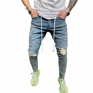 Hommes Ripped Skinny Jeans Bleu Slim Fit Trou Crayon Pantalon Casual Biker Pantalon Streetwear 2022 Haute Qualité Denim Homme Vêtements v2vC #