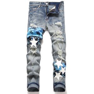 Heren gescheurde skinny jeans lente slim fit stretch bedrukte patch broek herfst punk blauw gedragen vintage mid-taille streetwear