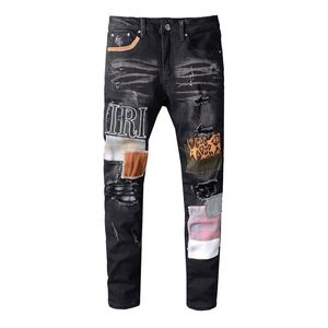 Pantalon en Denim extensible déchiré pour hommes, jean Slim élastique avec broderie avec Patch noir, mode High Street