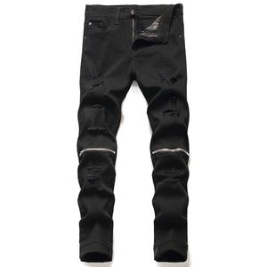 Mens Ripped Stretchy Black Jeans Mode Slanke Knie Zipper Rafelige Gat Potlood Broek Biker Casual Broek Hip Hop Streetwear