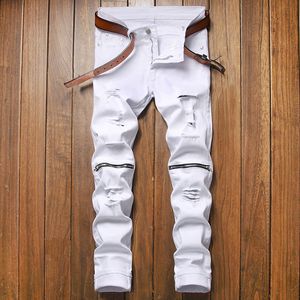 Heren gescheurde rekbare witte jeans mode slanke knierits rafelige gat potloodbroek biker casual broek hiphop streetwear