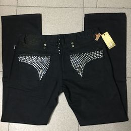 Robin Jeans para hombre Negro con tachuelas de cristal plateado Pantalones de mezclilla Pantalones de diseñador Clips de ala bordado con cremallera Ajuste recto tamaño 30-42