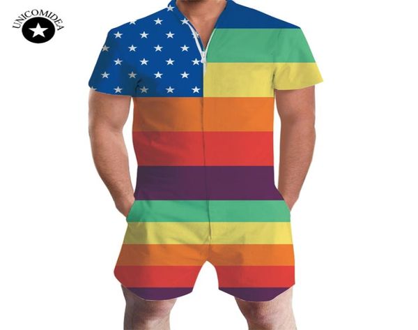 Mens Romper Gay Pride Rainbow Men Jumpsuit 3D Graphique One Piece Raiper Casual Zipper Sauthes USA American Flag Beach Men039S S6265123
