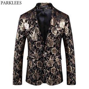 Hommes rose rose en or floral combinaison slim fit single bouton élégant veste de blazer pour hommes de mariée de mariage veste smoking pour fête 210522