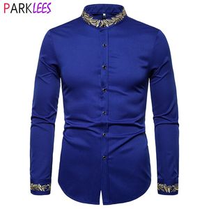 Hommes Royal Bleu Or Broderie Robe Chemises Marque Col Mandarin Slim Fit Chemise À Manches Longues Hommes Fête De Mariage Dîner Chemise 240318