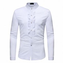 Mens Ruffle Tuxedo Dr Shirts 2018 Brand New Slim Fit Lg manches col montant Chemise hommes bal de mariage Chemise Homme 02KH #