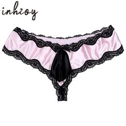 Heren Satin frilly Brils Gay Sissy Lace Bulge STUUCH STUGE SLANDEN SEXY WETLOOK Crossdressing Lingerie Bikini G-Strings ondergoed