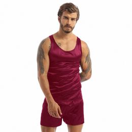 Hommes Satin Pyjamas Set Vêtements de nuit Sleevel Débardeur Shorts Vêtements de nuit Vêtements de nuit d'été Chemise de nuit Loungewear Homme Daily Wear V9Wi #