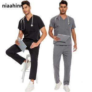 Mens Scrubs Uniform Lab Set mannelijke groothandel kliniek ziekenhuisarts overalls v-neck mode scrub apotheek verpleegkundige kleding 240428